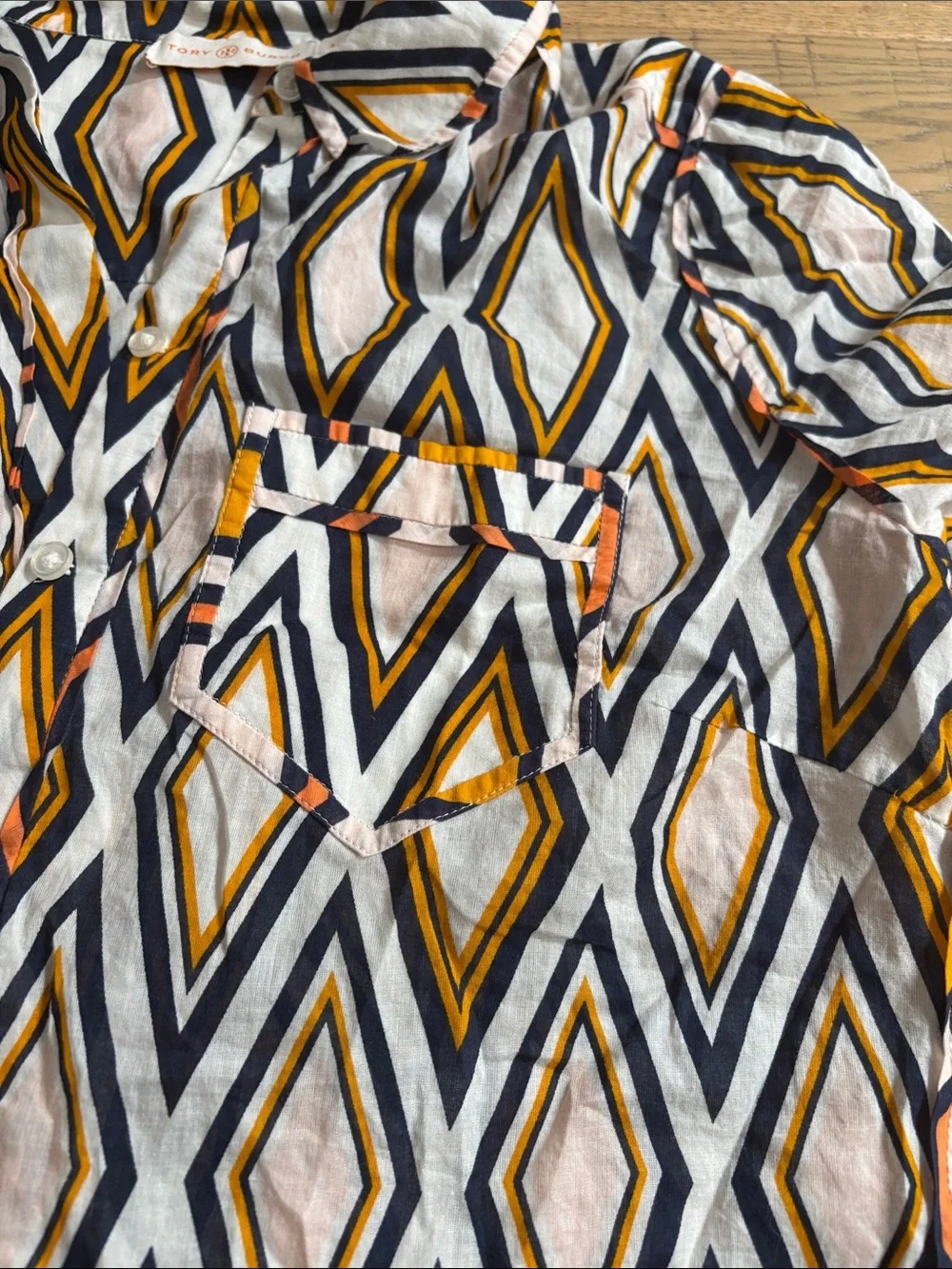 Tory Burch Short-Sleeve Diamond Print Button-Down - White, Gold & deep blue